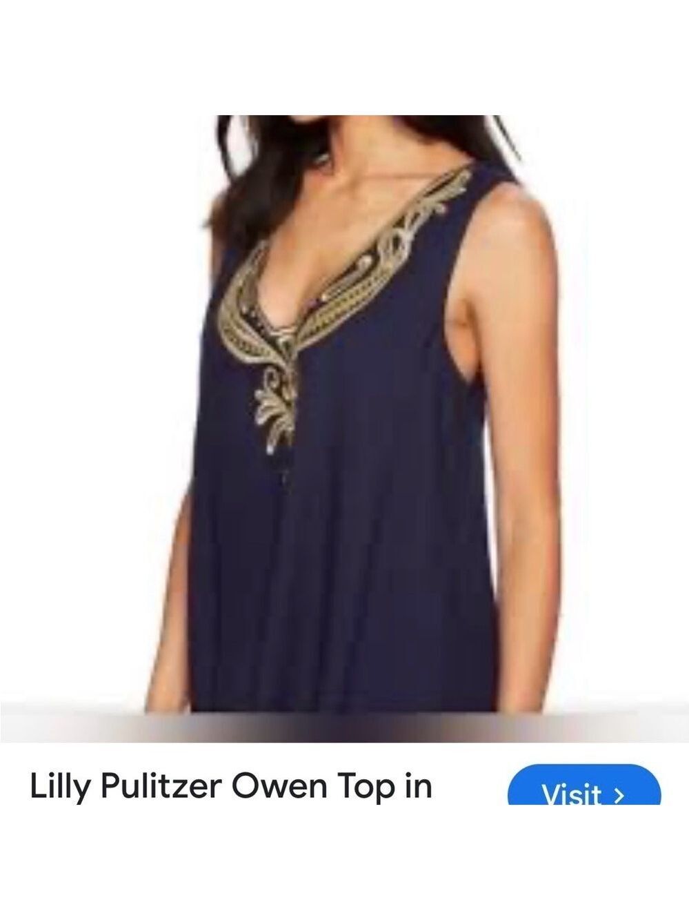 Lilly Pulitzer Navy Embroidered Women's Top, Owen, Size S, Gold w/Sequins.